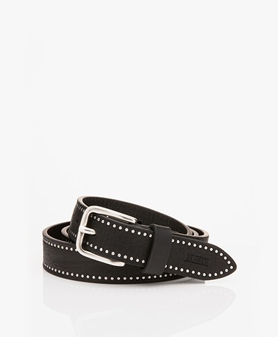 Closed Narrow Leather Belt with Studs - Black