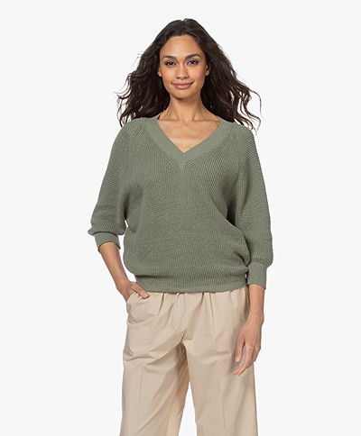 by-bar June Cotton Rib V-neck Sweater - Bright Olive