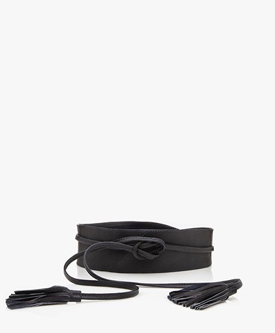 KYRA Leather Tassel Tie Belt - Dark Navy