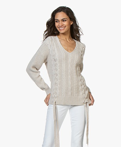 Repeat Cotton Cable Knit Sweater with Tie Details - Linen