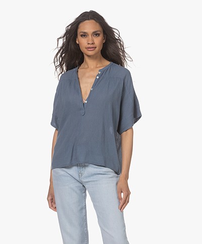 by-bar Bo Crinkle Cotton Mix Short Sleeve Blouse - Dark River