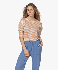 Repeat Striped Linen T-shirt with Three-quarter Sleeve - Apricot