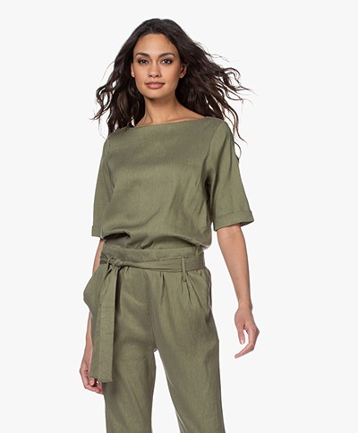 Woman by Earn Kiki Linen Blend Short Sleeve Blouse - Green
