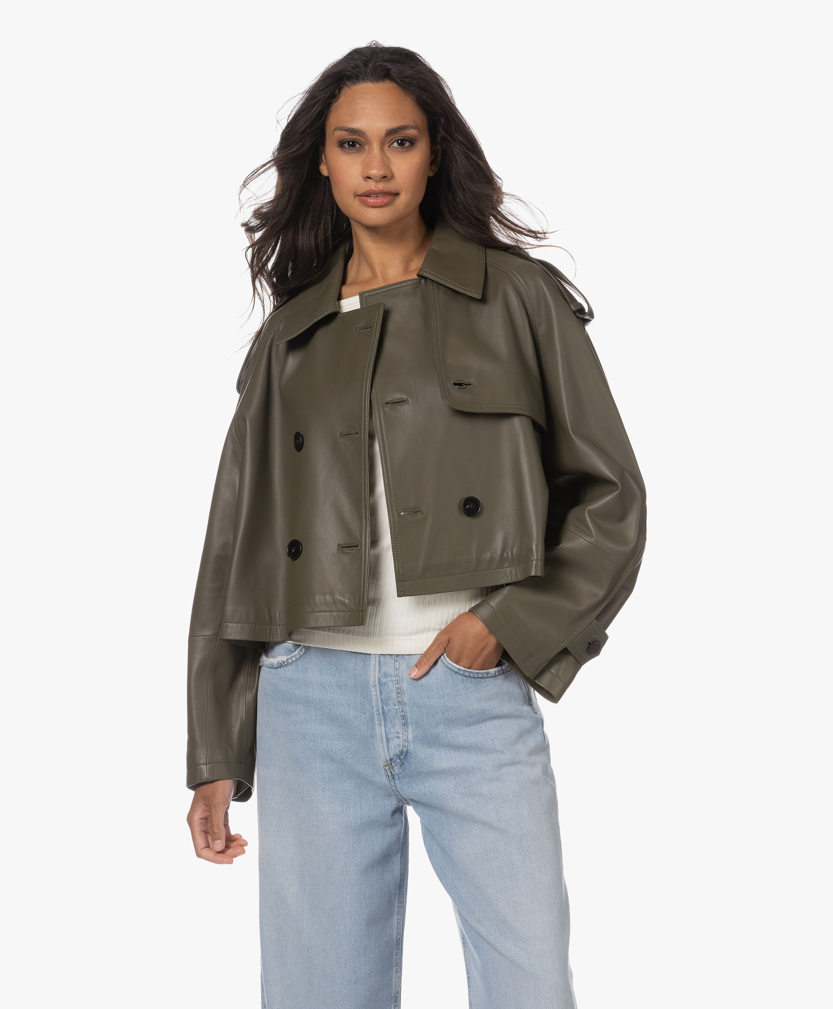 Closed Cropped Lambskin Trenchcoat - Army Green - c97133-82c-22