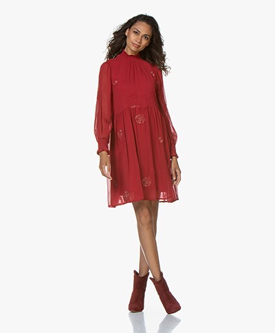 indi & cold Embroidered Chiffon Dress - Lava Red