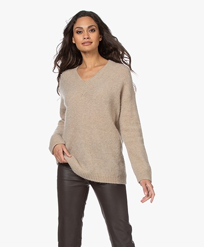 no man's land Mohair and Wool Blend  V-neck Sweater - Oak