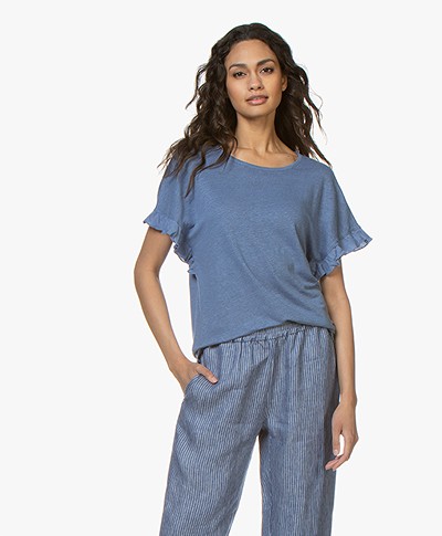 Belluna Bamboo Linnen T-shirt met Ruches - Jeansblauw