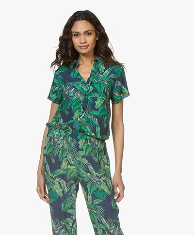 indi & cold Crepe Blouse with Tropical Print - Indigo