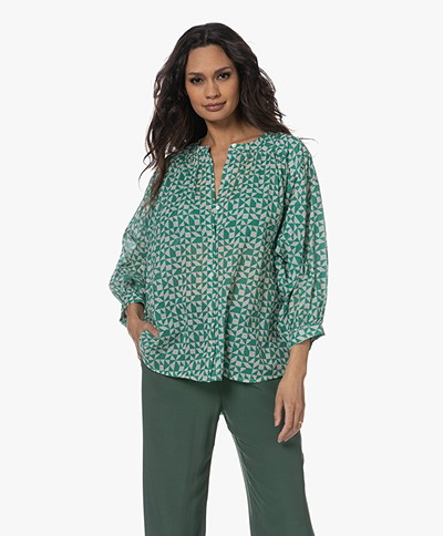 by-bar Lucy Voile Summer Ikat Print Blouse - Green/Off-white