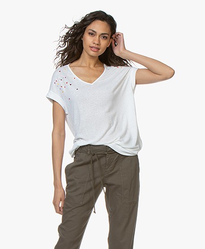 Repeat Linen Blend Embroidered T-shirt - White