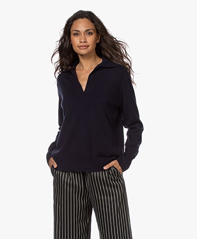 Repeat Split Neck Sweater in Organic Cashmere - Navy