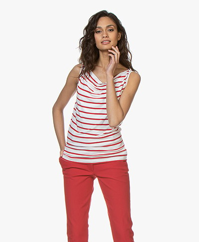 no man's land Striped Top with Draped Neckline - Red