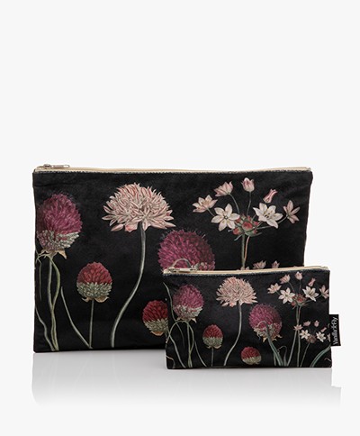 VanillaFly Velours Make-up Bag Set - Purple And Pink Flowers
