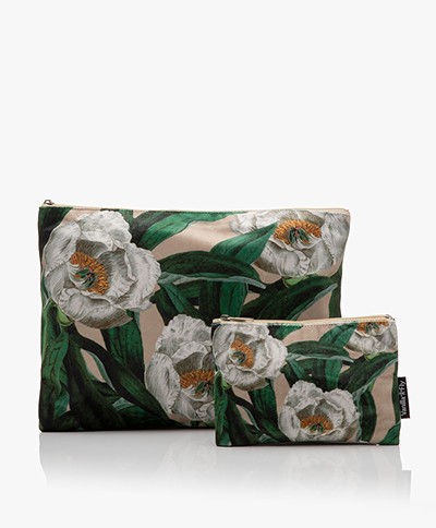 VanillaFly Velours Make-up Bag Set - White Flower Green Leaves