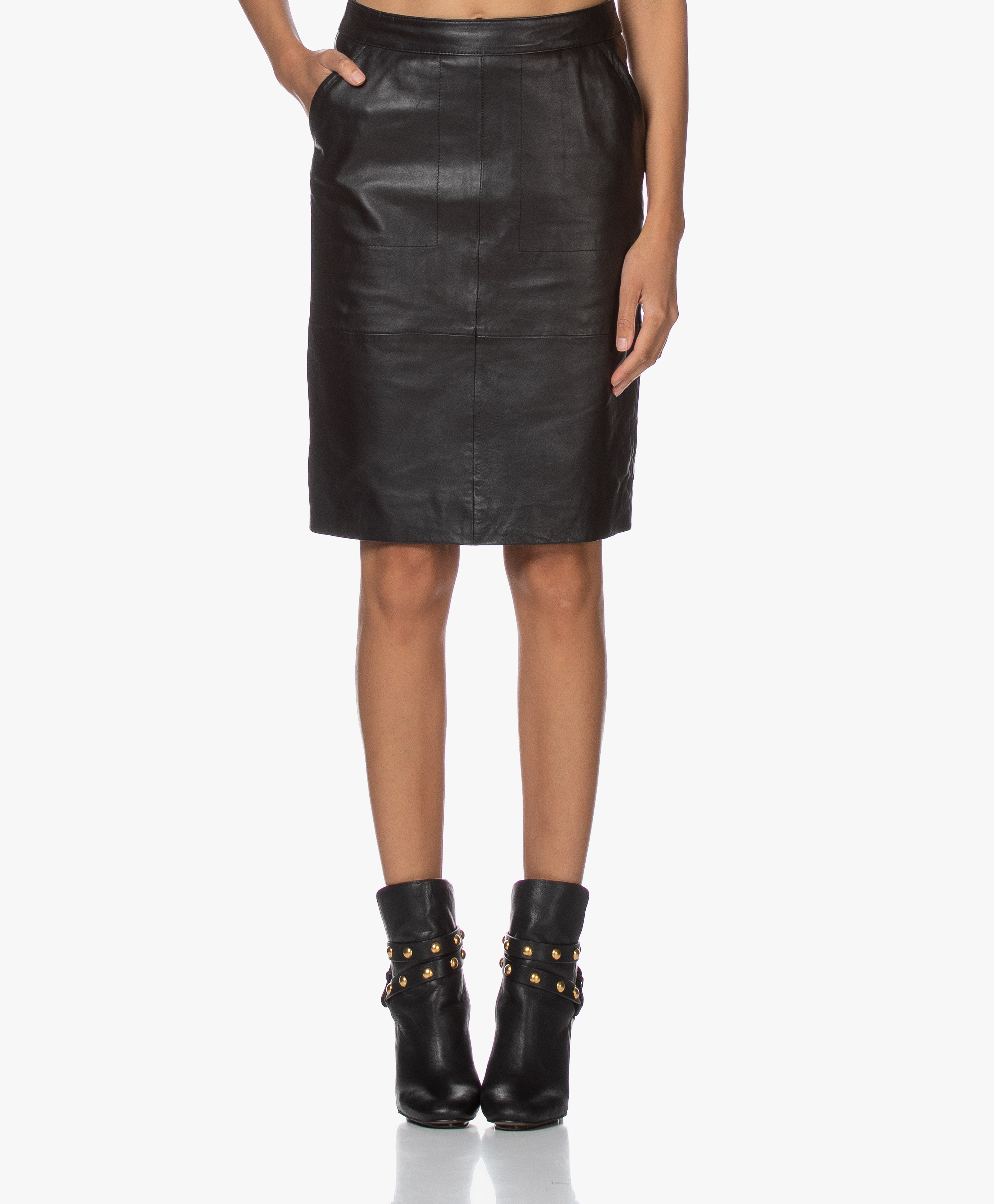 black leather knee length skirt