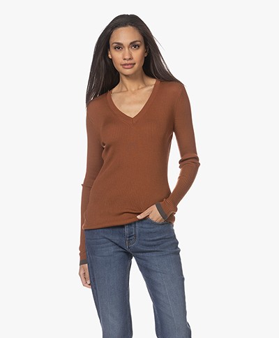 Closed Wool Rib Knitted V-neck Sweater - Cold Copper