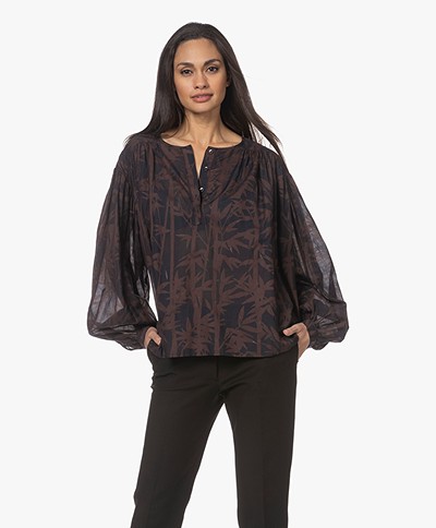 Róhe Sophie Poplin Print Blouse with Puff Sleeves - Bamboo Brown