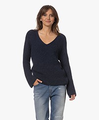 Closed Rib Knitted Trumpet Sleeve Sweater - Space Blue