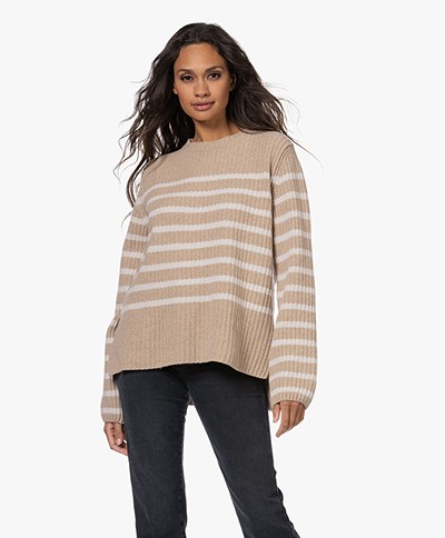 Woman by Earn Annette Striped Merino-Cashmere Sweater - Warm Sand/White