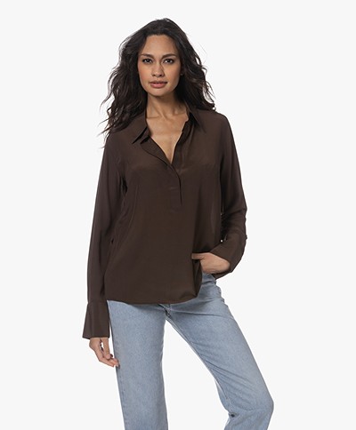 Closed Silk Crepe de Chine Blouse - Chilly Chocolate