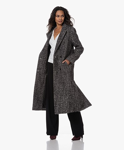 Closed Wool Blend Tweed Maxi Coat - Black/Off-white Melange