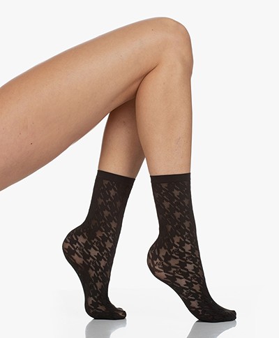 Wolford Logo Passion Houndstooth Socks - Black