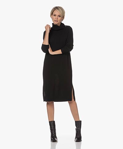 Repeat Wool Roll-neck Dress with Buttoning - Black