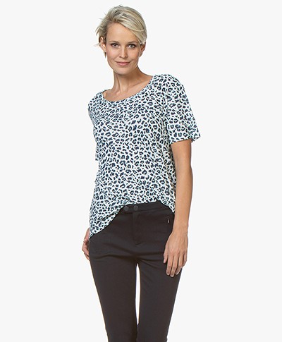 Repeat Linen Blend Leopard Print T-shirt - Dark Blue