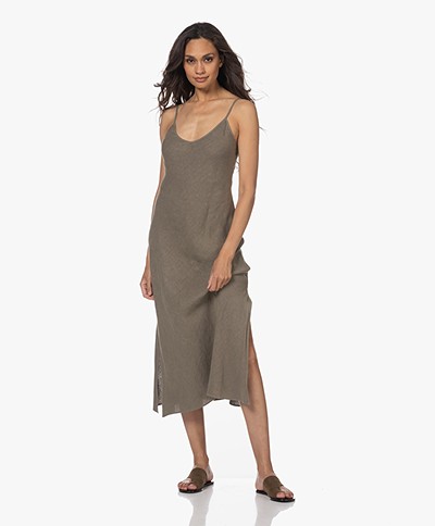 Enza Costa Linen Slip Dress with Side Slits - Dark Sage