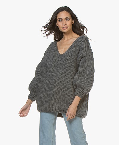 I Love Mr Mittens Oversized V-Neck Sweater - Charcoal