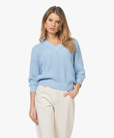 Repeat Cotton Fisherman's V-neck Sweater - Light Blue