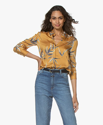 Equipment Essential Satin Blouse with Leaf Print - Ochre Yellow