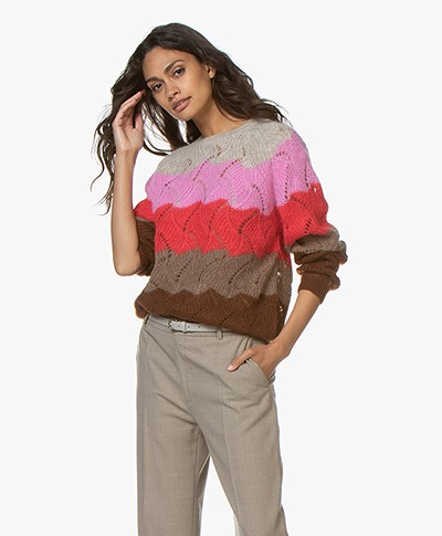Closed Multi-color Ajour Sweater in Mohair Blend - Red Pepper