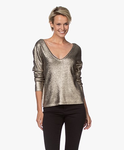 Majestic Filatures Coated Silk Blend V-neck Sweater - Metallic Gold