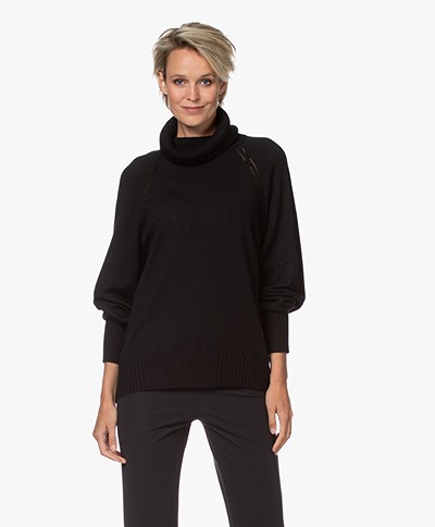 Repeat Merino Turtleneck Sweater with Pointelle Details - Black