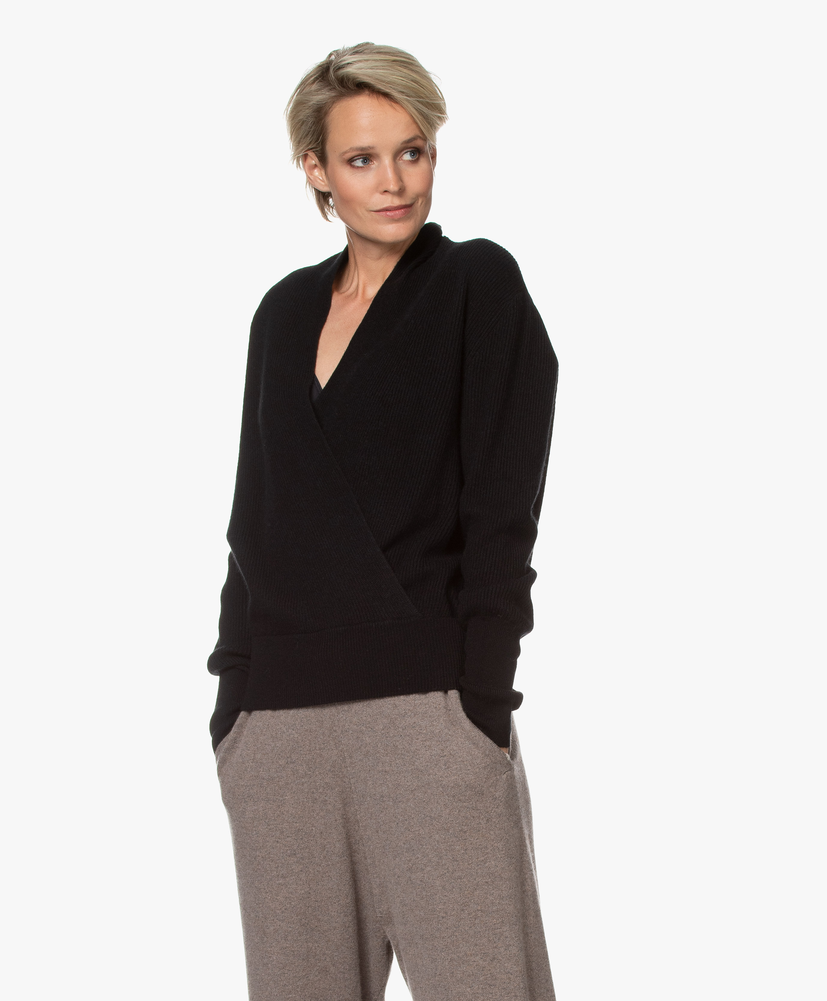 black cashmere wrap sweater