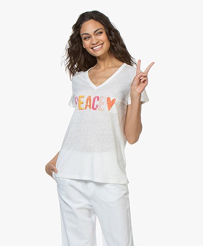 Repeat Linen Blend Peace T-shirt - Cream