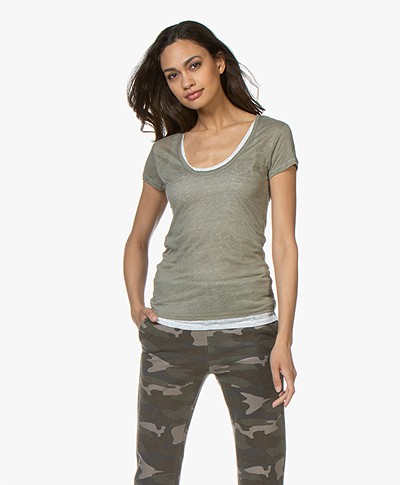 Majestic Filatures Dubbellaags Linnen T-shirt - Army/Wit