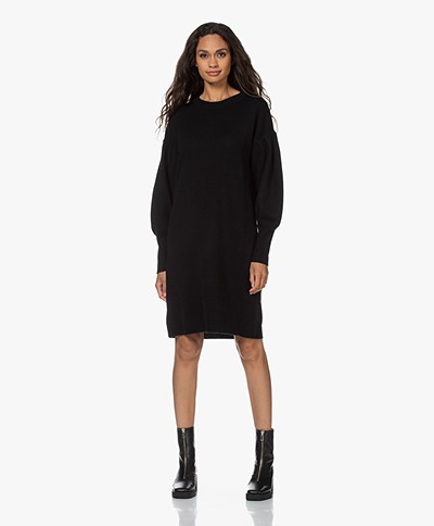 Repeat Wool Blend Dress with Balloon Sleeves - Black