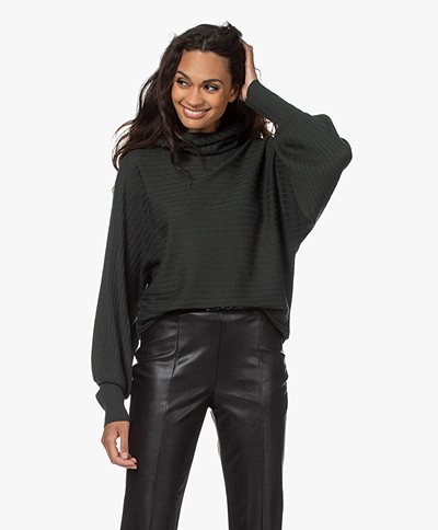Repeat Wool Blend Sweater with Draped Turtleneck - Black Olive