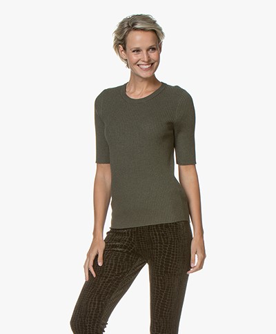 Repeat Half Sleeve Cotton Blend Rib Pullover - Forest