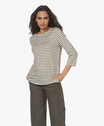 Majestic Filatures Striped Linen T-shirt with 3/4 Sleeves - Khaki