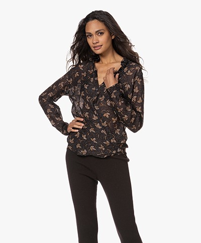 Pomandère Wool-Silk Blend Floral Print Shirt - Black