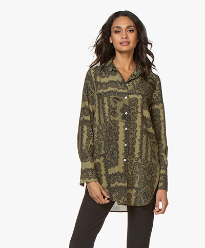 By Malene Birger Cologne Printed Silk Blend Blouse - Winter Moss