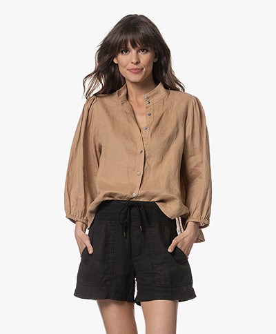 Repeat Cropped Sleeve Linen Blouse - Mocca