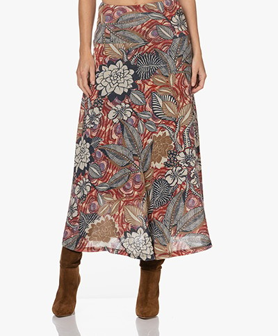 KYRA Roelinde Viscose Blend Long A-line Print Skirt - Cinnamon