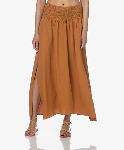 Closed Linen Mix Maxi Skirt with High Slits - Gold Earth