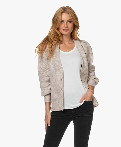 Repeat Wool Blend V-neck Cardigan with Puffed Sleeves - Multibeige