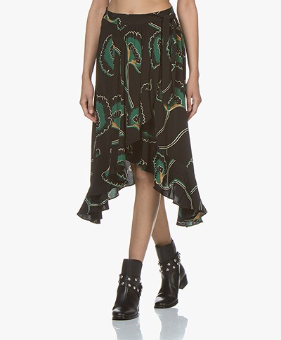 ba&sh Lena Viscose Wrap Skirt with Print - Black 