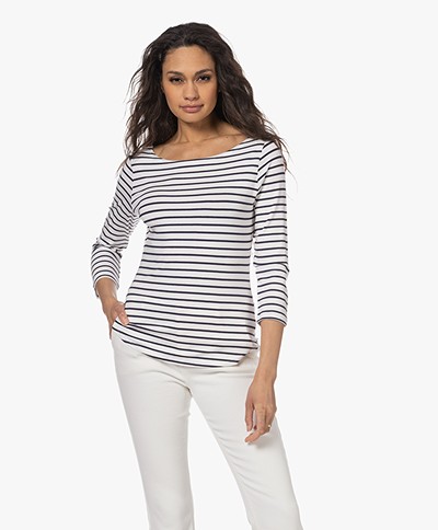 no man's land Striped T-shirt with Cropped Sleeves - Dark Sapphire